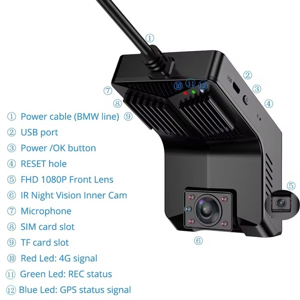 T2 4G WiFi GPS Dual Dash Cam – LTE, Night Vision, G-Sensor & Front + Inside Recording