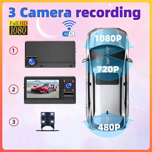 S13 3-Lens Touch-Screen FHD Dash Cam – Front, Interior, Rear + Wi-Fi & Motion Detection