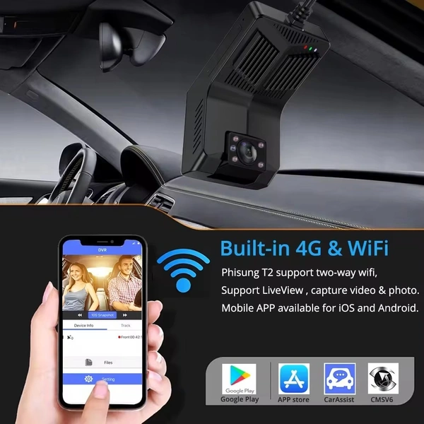 T2 4G WiFi GPS Dual Dash Cam – LTE, Night Vision, G-Sensor & Front + Inside Recording