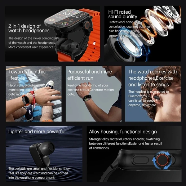 GT8 2-in-1 Smart Watch with Bluetooth Earbuds – Fitness Tracker, Calling, Music, Sports Modes, IP67 Waterproof
