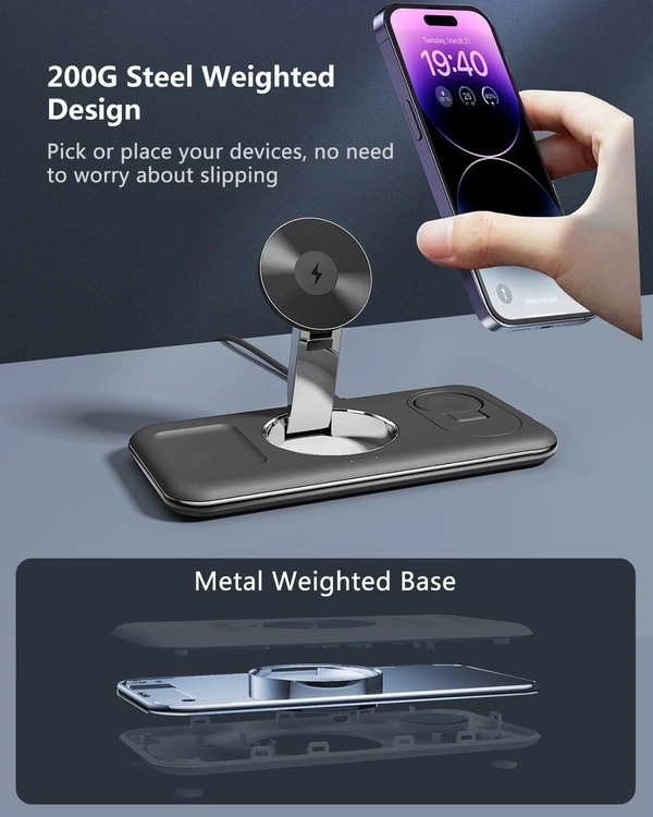 3 in 1 Wireless Charging Station for iPhone, Foldable Magnetic Wireless Charger Stand Compatible with iPhone 15/14/13 Pro Max, AirPods 3/2/Pro, Apple Watch, for Office/Bedside/Travel (Black)