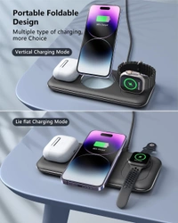 3 in 1 Wireless Charging Station for iPhone, Foldable Magnetic Wireless Charger Stand Compatible with iPhone 15/14/13 Pro Max, AirPods 3/2/Pro, Apple Watch, for Office/Bedside/Travel (Black)