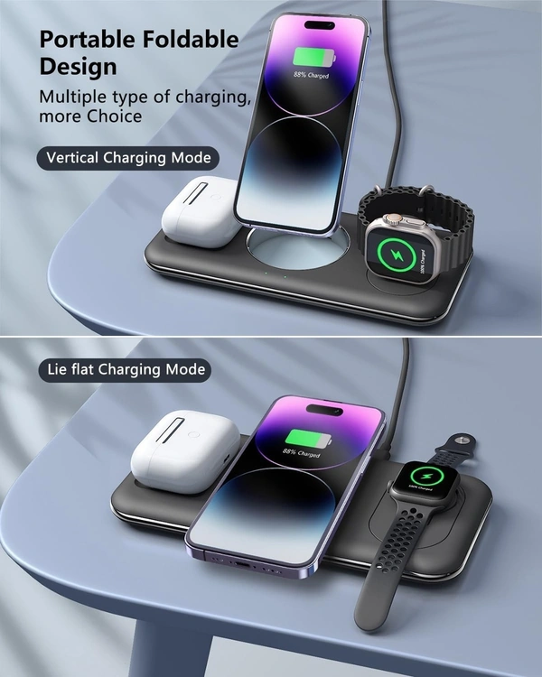 3 in 1 Wireless Charging Station for iPhone, Foldable Magnetic Wireless Charger Stand Compatible with iPhone 15/14/13 Pro Max, AirPods 3/2/Pro, Apple Watch, for Office/Bedside/Travel (Black)