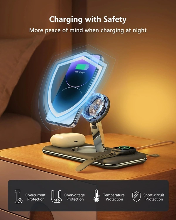 3 in 1 Wireless Charging Station for iPhone, Foldable Magnetic Wireless Charger Stand Compatible with iPhone 15/14/13 Pro Max, AirPods 3/2/Pro, Apple Watch, for Office/Bedside/Travel (Black)