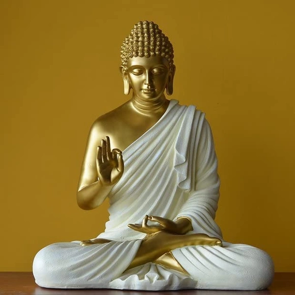 Resin Home Decor Buddha Idol for Living Room (Size:15 inches) (Golden White) - 14 inch