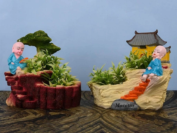 Poly Resin Basket Monk Pots Modern Design Pot Monk Garden with Temple Unique Design Succulent Pots Imported Without Plant (Standard) - Pack of 2 