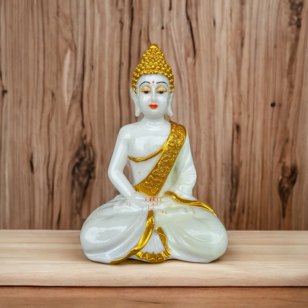 White Marble look Buddha - 10 inch, White & Golden