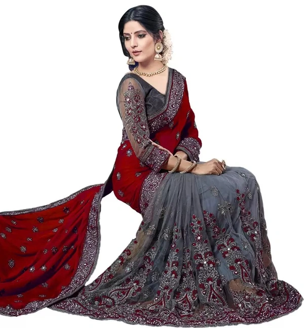 Embellished Bollywood Net Saree  (Maroon, Grey) IMT