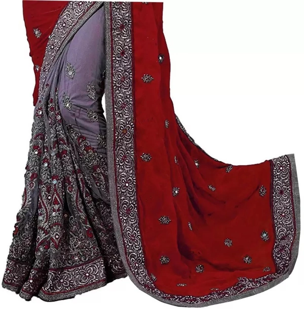 Embellished Bollywood Net Saree  (Maroon, Grey) IMT