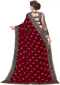 Embellished Bollywood Net Saree  (Maroon, Grey) IMT