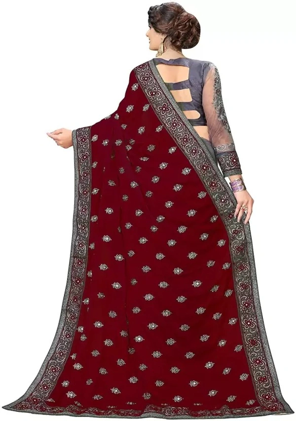 Embellished Bollywood Net Saree  (Maroon, Grey) IMT