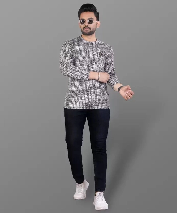 Men Checkered Round Neck Poly Cotton Grey T-Shirt ( imt )
