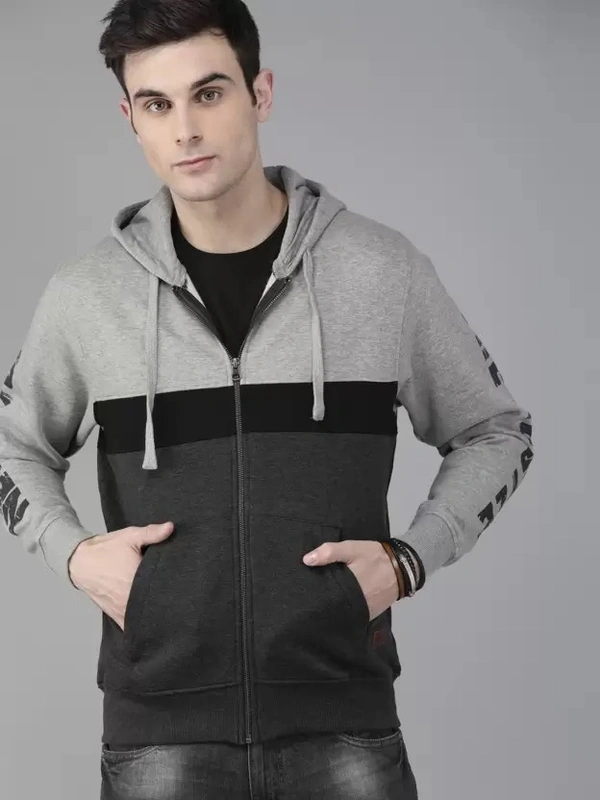 Men Full Sleeve Color Block Hooded Sweatshirt 