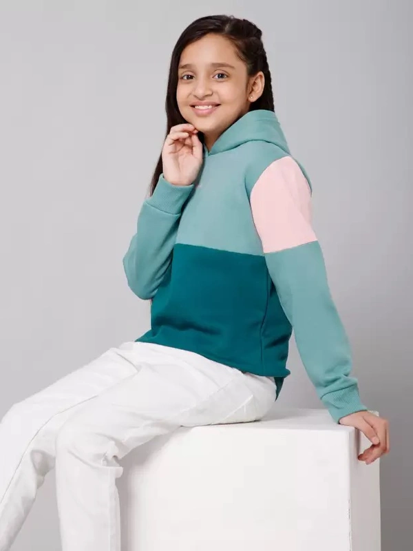 Girls Full Sleeve Color Block Hooded Sweatshirt 