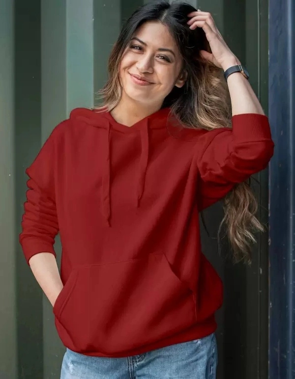 Women Full Sleeve Solid Hooded Sweatshirt