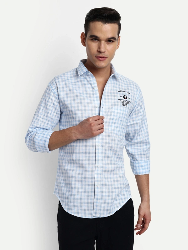 Men's Small Checkered Sky Blue Casual Cotton Excel Linen Shirt