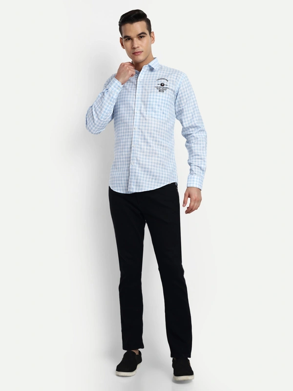 Men's Small Checkered Sky Blue Casual Cotton Excel Linen Shirt