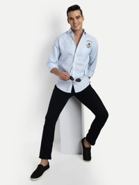 Men's Small Checkered Sky Blue Casual Cotton Excel Linen Shirt
