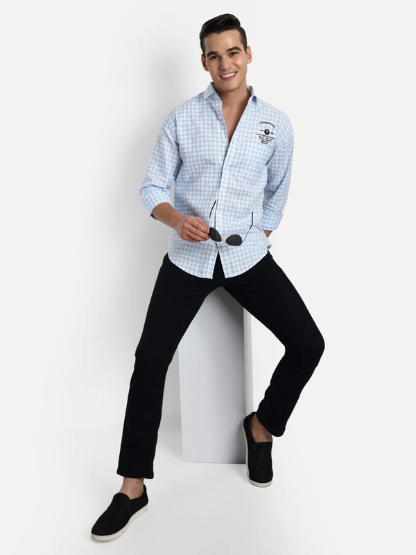 Men's Small Checkered Sky Blue Casual Cotton Excel Linen Shirt