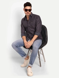 Men's Checkered Dark Purple Casual Cotton Shirt