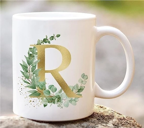 India markettoLeaf and Alphbet R Printed Unique Design Ceramic Coffee Mug for Gift and Home and Kitchen Use (350 ml)