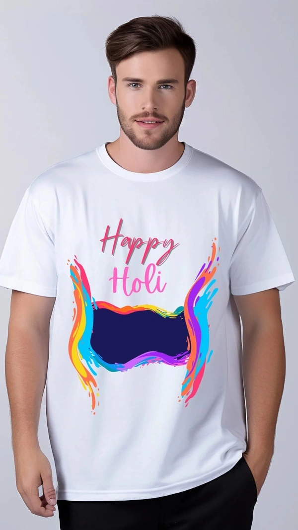 Happy Holi Men Printed Round Neck Poly Cotton White T-Shirt | India marketto - L