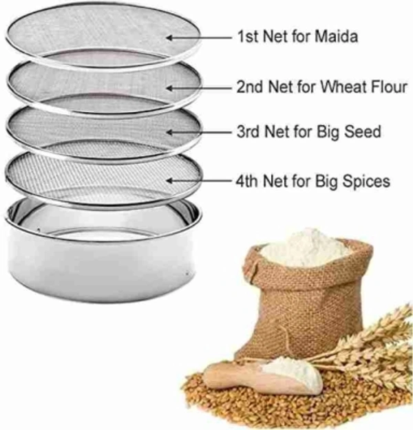 TIARA 4 in 1 Stainless Steel Interchangeable Sieve Set of 5 Flour Chalni Spices Food Strainers Atta Chalni Jaali Channi Atta Maida Strainer Silver