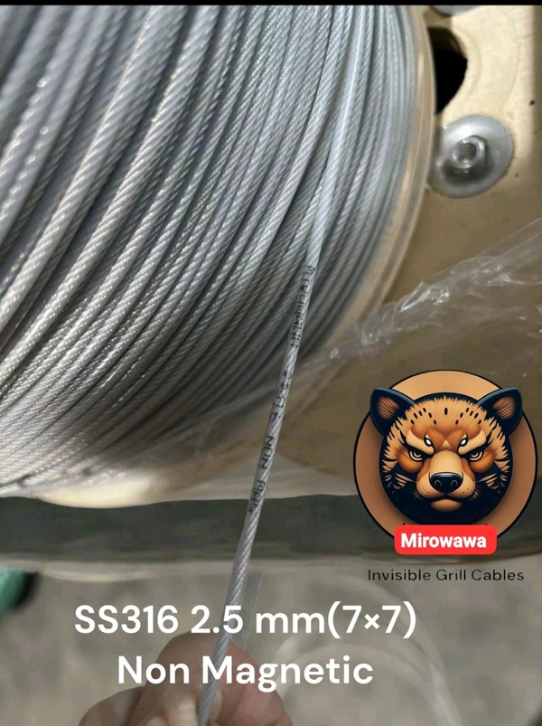 Mirowawa  2.5*( 7×7)NON MAGNETIC Invisible Grill Cable Wire Rope 2.5 MM SS316 with Nylon Coating 1000 Metres Roll