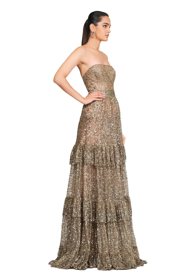 Silver Net Sequin Embroidered Frill Gown - S