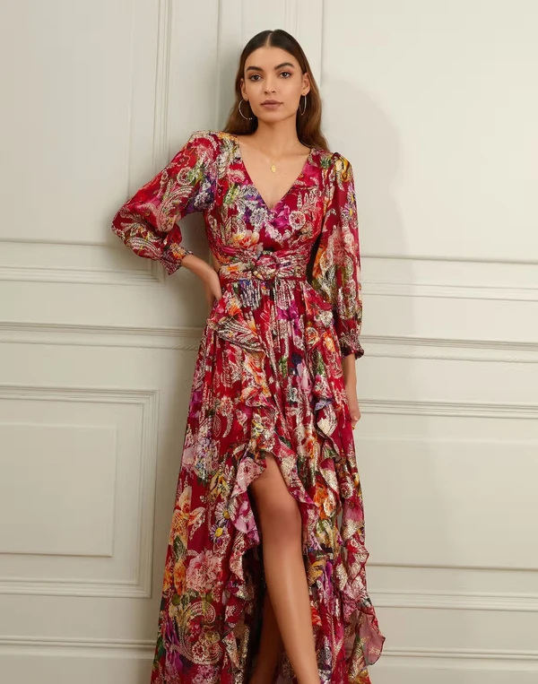 Fuchsia Lurex Viscose Georgette Floral Print Maxi Dress