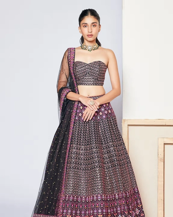 Black Dupion Silk Secret Garden Embroidered Lehenga Set