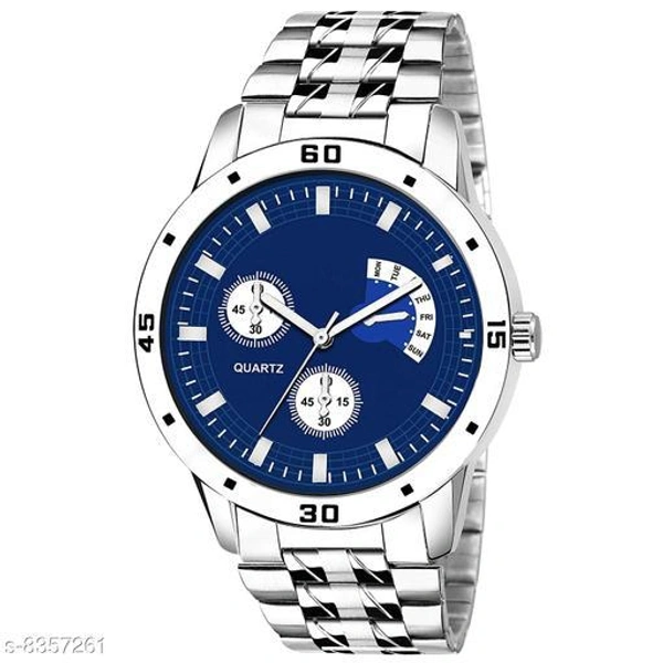 Classy Men Sliver Stainless Steel Analog Watch - Blue, Free Size