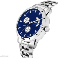 Classy Men Sliver Stainless Steel Analog Watch - Blue, Free Size