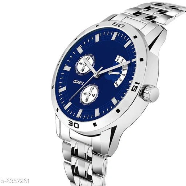 Classy Men Sliver Stainless Steel Analog Watch - Blue, Free Size