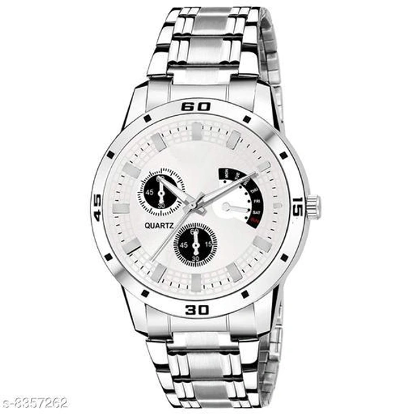 Classy Men Sliver Stainless Steel Analog Watch - White, Free Size