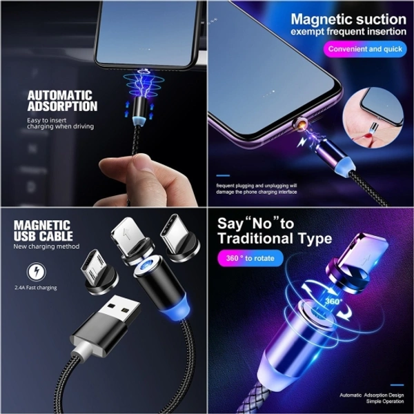 Tezos Magnetic Nylon Braided 3 in 1, Micro USB, Lightning 1.5 m USB Type C Cable