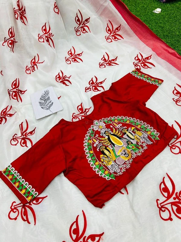 shastashopping Durga puja special embroidery saree  - White