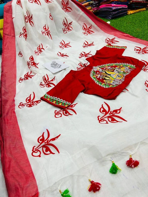 shastashopping Durga puja special embroidery saree  - White