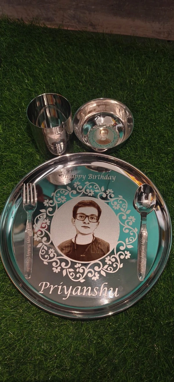 Shasta Shopping Laser Art Customized Stainless Steel Thali Name and Character Engraved Personalised Gifting Option