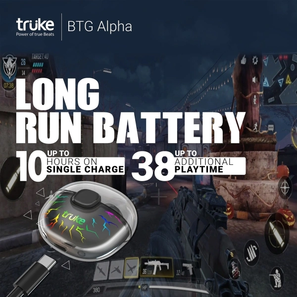 truke BTG Alpha Gaming TWS, 38H Playtime, 7RGB LEDs, AAC codec, Instant Pairing Bluetooth Headset - Black