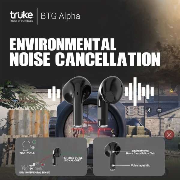 truke BTG Alpha Gaming TWS, 38H Playtime, 7RGB LEDs, AAC codec, Instant Pairing Bluetooth Headset - Black