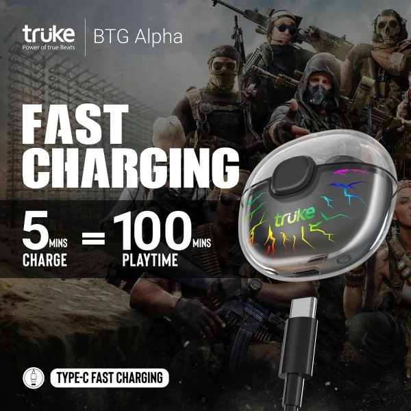 truke BTG Alpha Gaming TWS, 38H Playtime, 7RGB LEDs, AAC codec, Instant Pairing Bluetooth Headset - Black