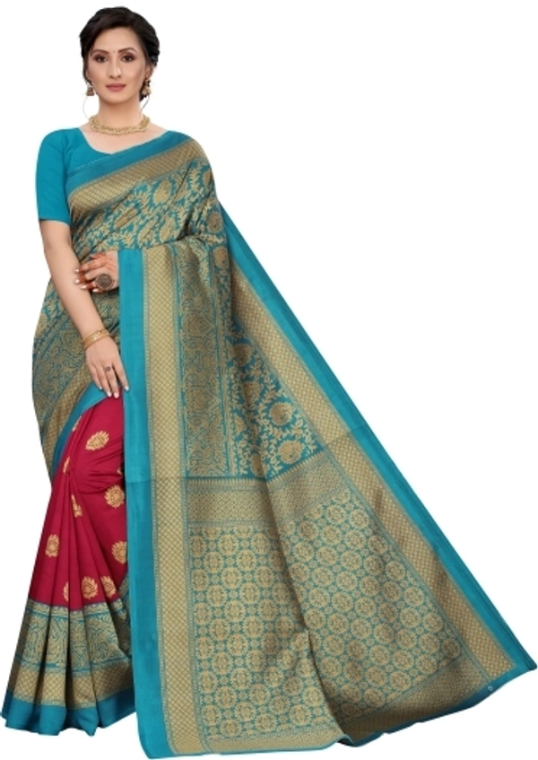 Printed Ikkata Maysor Silk Sarees (Blue , Creame )  - Free Size 