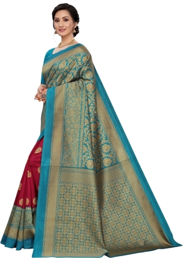 Printed Ikkata Maysor Silk Sarees (Blue , Creame )  - Free Size 