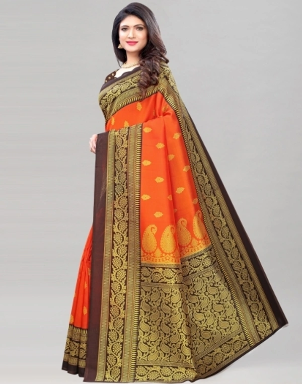 Kanjivaram Cotton Silk Saree (Orange And Brown )  - Free size