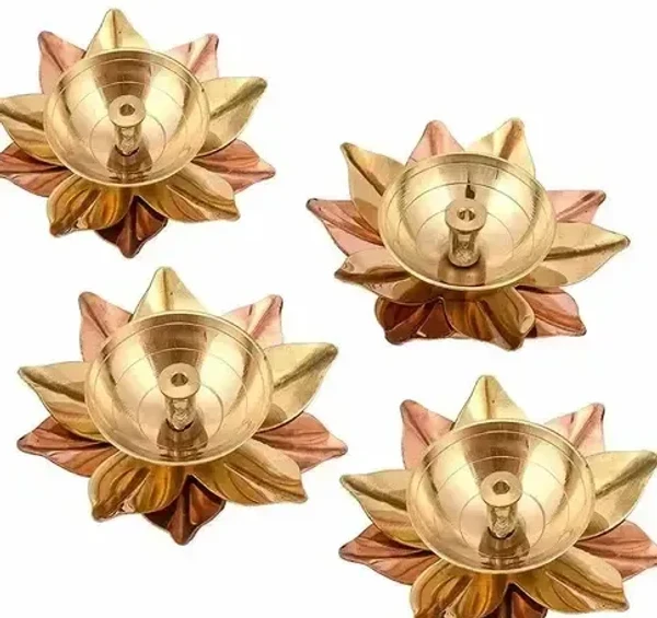 Karauli Collection Set of 4 Brass Lotus Diya - Deepak for Pooja & Diwali Decoration (Gold, 3x3x1.5 Inch)