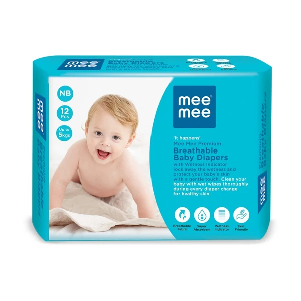 Mee Mee Premium Breathable NEWBORN Baby Taped Diapers,Super Absorbent, Cotton Soft with Wetness Indicator for New Born Babies/Infants of 0-1 years with protection utpo 12 Hrs - N (Pack of 12), 12.0