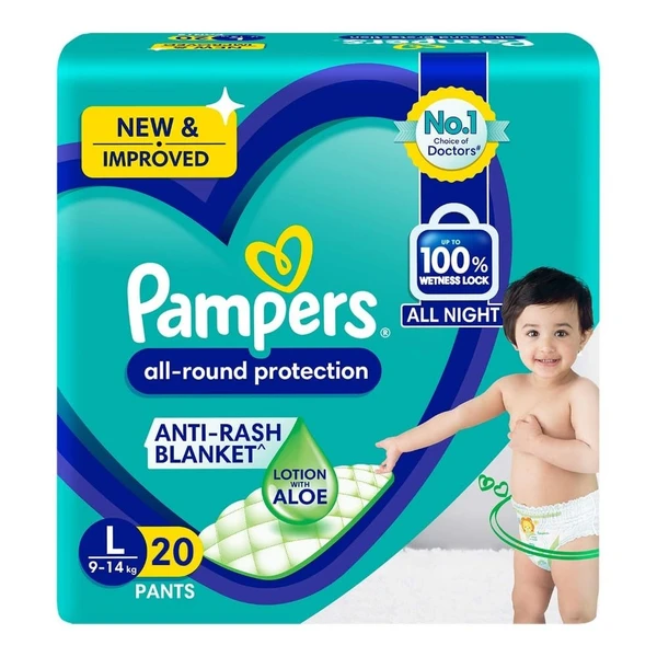 Pampers All Round Protection Pant Style Baby Diapers, Large (L), 20 Count, Anti Rash Blanket, Lotion with Aloe Vera, 9-14 Kg Diapers - 9-14 Kg Diapers
