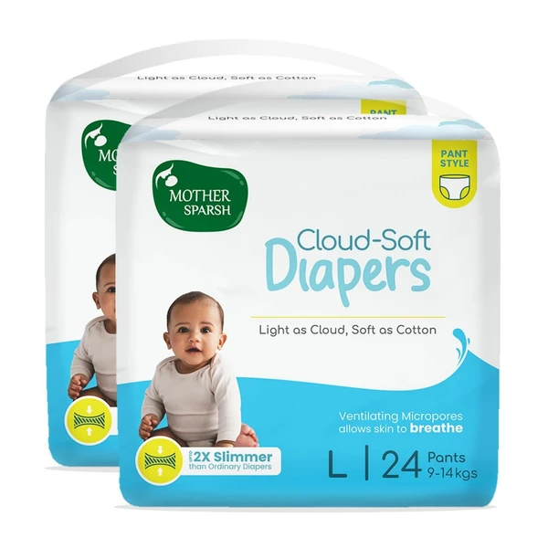 Mother Sparsh Cloud-Soft Baby Diapers, Large (L) Size, 48 Count (9-14kg) | Rash-Free Premium Diaper Pants | 12hr Leak Lock Protection - 2X Slimmer Non-Bulky Pant Style Diaper - Large, 48.0