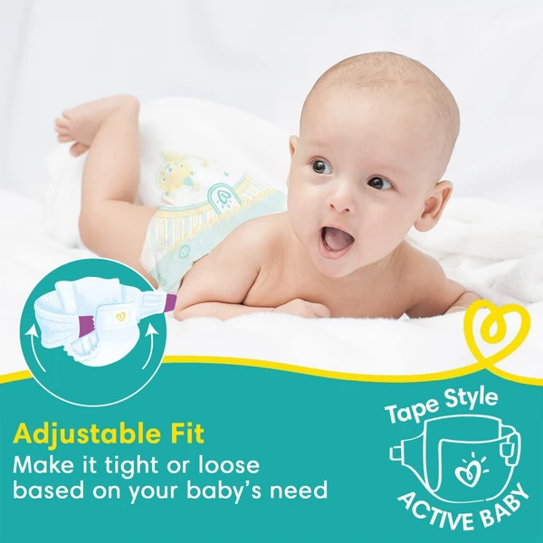 Pampers Active Baby Tape Style Baby Diapers, New Born/Extra Small (NB/XS) Size, 72 Count, Adjustable Fit with 5 star skin protection, Up to 5kg Diapers - New Born/X-Small, 72